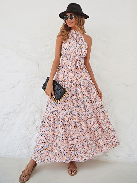 

floral print ruffle hem belted dress q7xk#, Black;gray