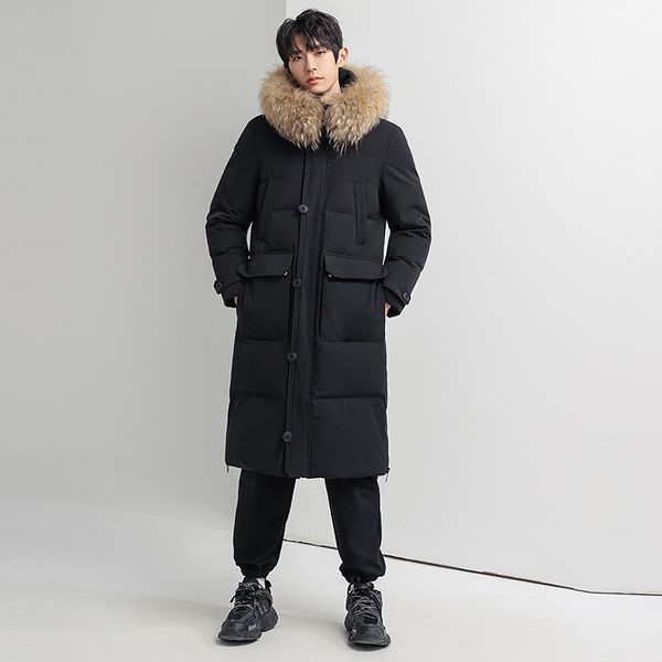 

raccoon fur collar down jacket long coat mens winter jackets parkas hooded thick warm windbreakers outerwear overcoat slim fit 2022 black w