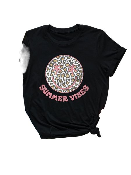 

plus leopard & letter graphic tee y610#, Black