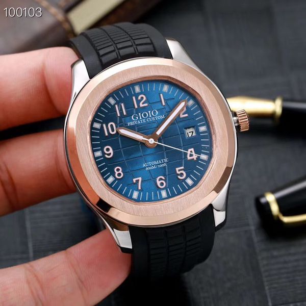 

men automatic mechanical watch rose gold black blue rubber, Slivery;brown