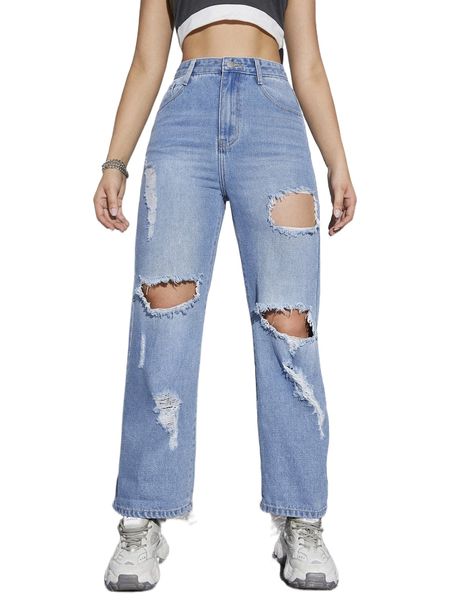 

high waist ripped straight leg jeans e1uc#, Blue