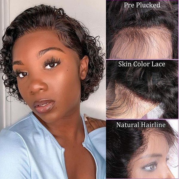 

pixie cut deep wave wig human hair short bob curly lace frontal 13x1transparent wig for women, Black;brown