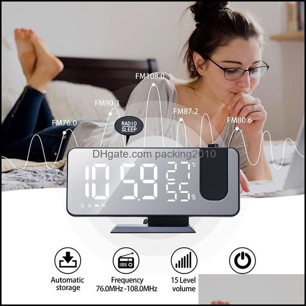 Relógio de mesa LED LED Digital Clocks 180 ﾰ Time Projector FM Rádio maquiagem espelho eletrônico Timer eletrônico SN Display Decoração doméstica