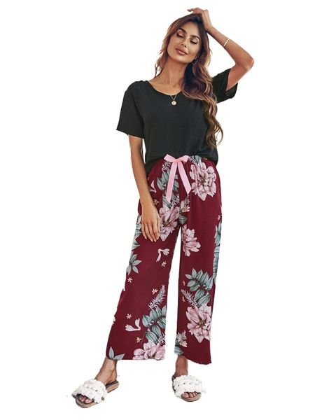 

solid & floral print bow front pants pj set j3f0#, Black;red