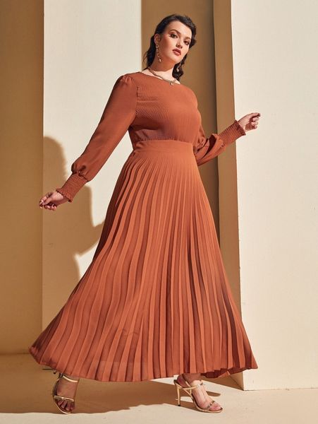 

plus shirred cuff pleated hem dress a4gm#, Black