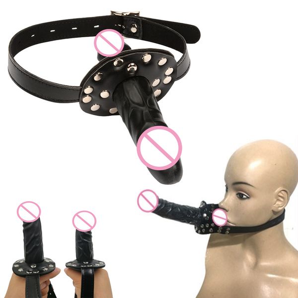 PU-Leder + Silikon-Doppelenddildos, Knebelgurt am offenen Mund-Plug mit Verriegelungsschnallen, Geschirr, BDSM-Bondage für Paare