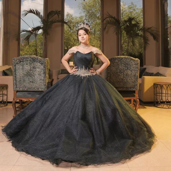 Schwarz Glänzendes Quinceanera Kleid 2022 Für Süße 16 Mädchen Kristall Prinzessin Ballkleid Geburtstag Party Prom Kleider vestidos de 15 años