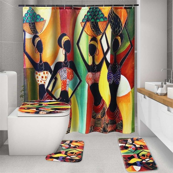 Геометрия мультфильм африканская женщина ванная комната без скольжения набор ковриков.