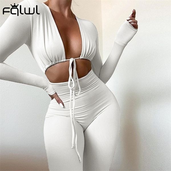 FQLWL Yaz Kış Seksi Kadın Tulum Beyaz Siyah Bandaj Uzun Kollu Bodycon Tulumlar Kıyafetler Kadın 220720