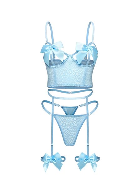 

3pack floral lace bow front underwire garter lingerie set e64p#, Black;red