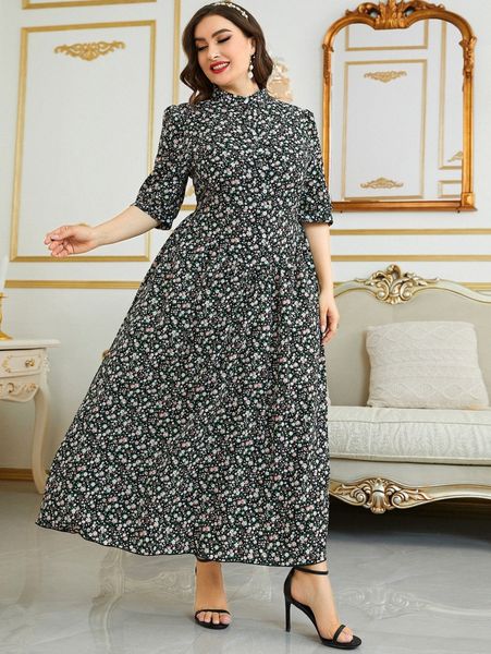

plus ditsy floral print mock neck puff sleeve dress u3mx#, Black
