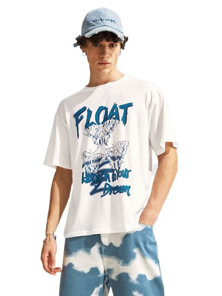 

men butterfly & letter graphic drop shoulder tee e8fn#, White;black