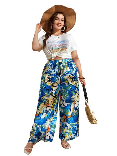 

plus allover print drawstring waist wide leg pants p4n0#, Black