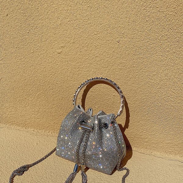 

drill bucket bag round handle handbag shoulder cross chain small bag with diamonds