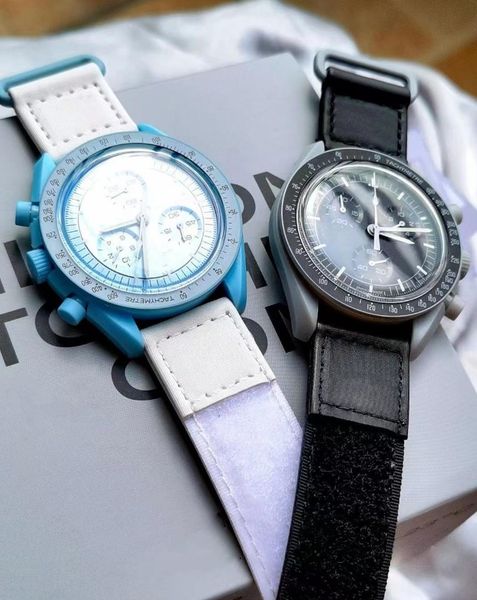 

bioceramic moonswatch swiss quqrtz chronograph mens watch so33g100 mission to earth 42mm real green ceramic blue dial nylon strap with box s, Slivery;brown