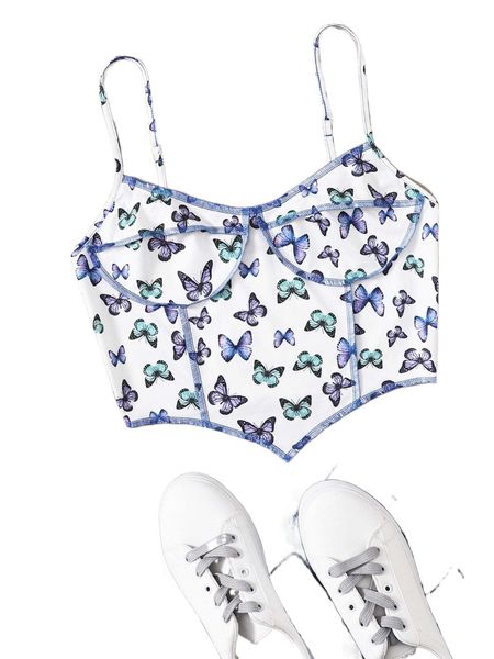 

plus butterfly print stitching hanky hem cami w1di#, Black