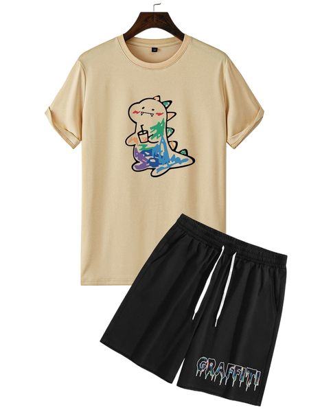 

men cartoon graphic tee & drawstring waist shorts t2ly#, Gray