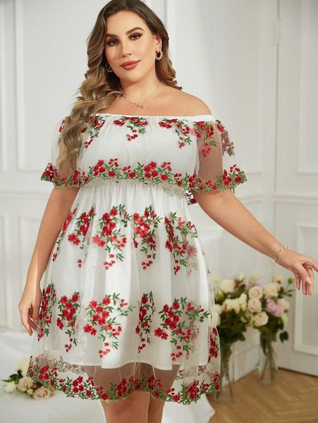 

plus off shoulder floral embroidery mesh dress p02q#, Black