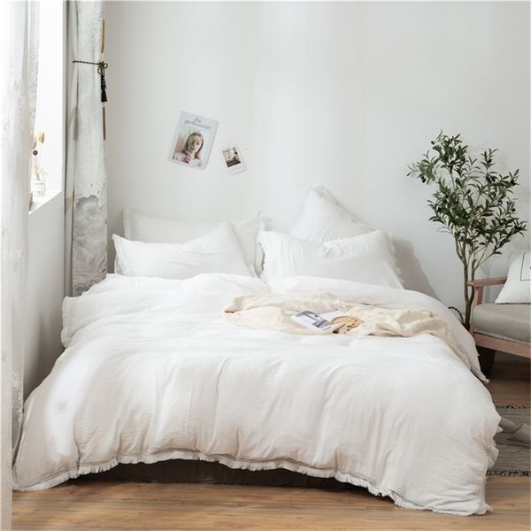 2/3 Teile/satz Weiß Fransen Quaste Bettbezug Set Polyester Baumwolle Tröster Bettwäsche Set US EU Größen KEIN BLATT T200409