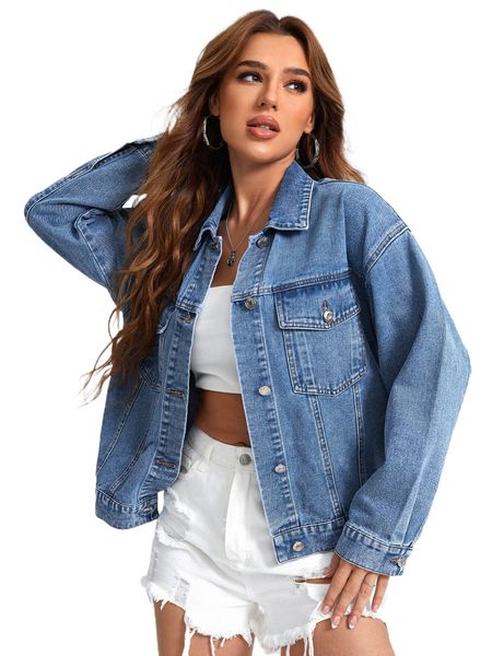 

flap pocket drop shoulder denim jacket c8ck#, Black;brown