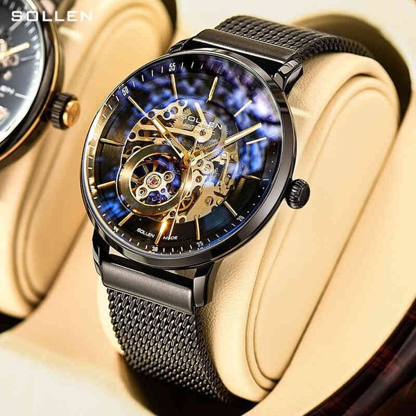 

5a sollen y automatic mechanical men's watch hollow out watch all steel double-layer mh belt, Slivery;brown