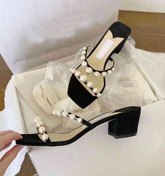 

luxurious slippers design amara women sandal pearl strap chunky heels mule square toe lady summer pumps dress party wedding eu35-43.box, Black
