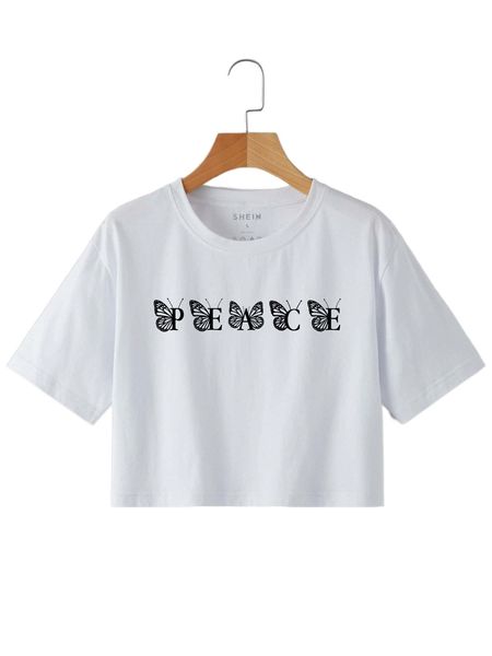 

butterfly and letter graphic crop tee e1kc#, White