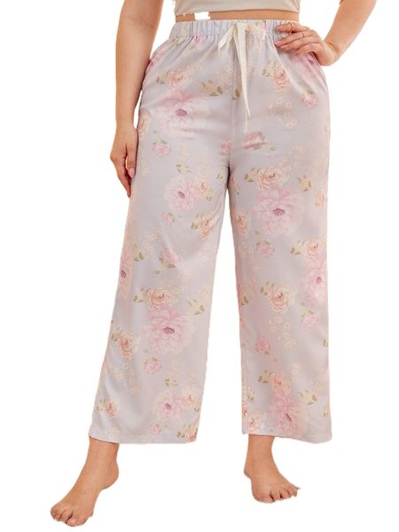 

plus floral print knot waist sleep pants x7am#, Black;white