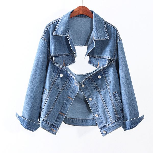 

ewq autumn women coat vneck loose single breasted fashion irregular hollow halter denim jacket ladies coats qb152 201029, Black;brown