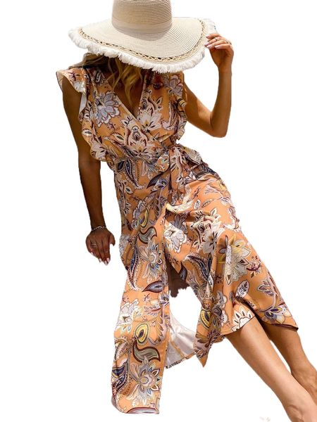 

floral & paisley print butterfly sleeve wrap belted dress u751#, Black;gray