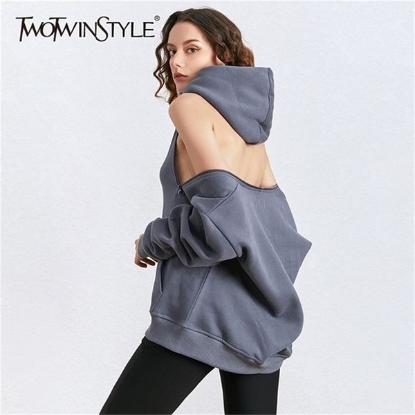

twotwinstyle black casual hollow out sweatshirt for women hooded long sleeve pocket female sweatshirts spring fashion lj201130