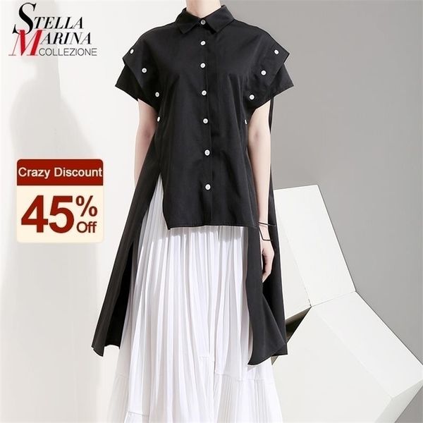 Sokak Giyim Kore tarzı kadın yaz üstleri siyah bluz uzun kenar düğmeleri dekore edilmiş gündelik kadınsı gömlek kimyasal femme 5097 210326