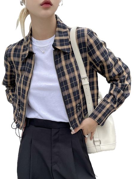 

dazy plaid grommet eyelet lace up crop blouse i36r#, White