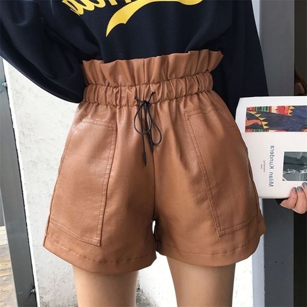 

spring arrival korean style leather shorts high waisted loose wide leg shorts women elastic waist shorts 210306, White;black