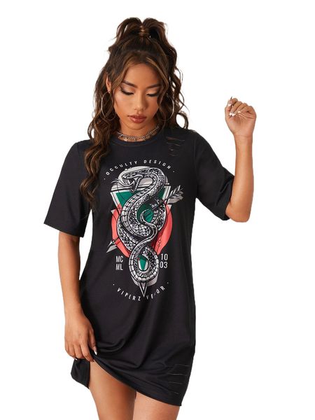 

x vecster snake & slogan graphic ripped tee dress x4se#, Black;gray