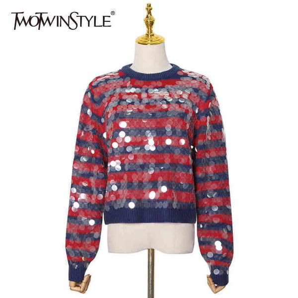 

striped patchwork sequin sweater for women o neck long sleeve casual knitted pullovers female fall fashion 210423, White;black