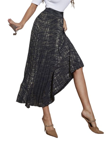 

gold print high waist pleated skirt j2fd#, Black