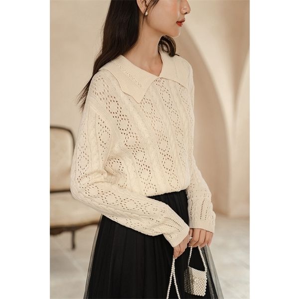 

inman autumn arrival lovely peter pan collar hollowed-out flower loose long sleeve sweater knitwear 201203, White;black