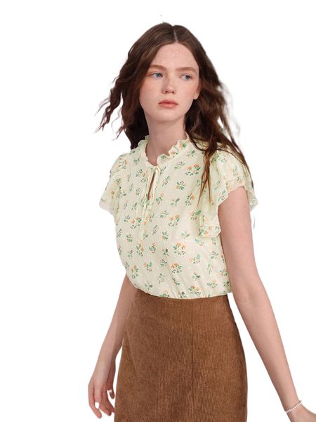 

mod swiss dot ditsy floral print frill tie neck butterfly sleeve blouse y2fy#, White