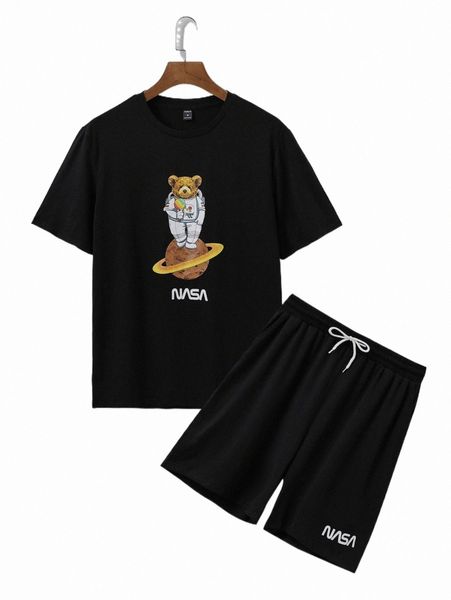 

men bear & letter graphic tee & drawstring waist shorts 61dt#, Gray