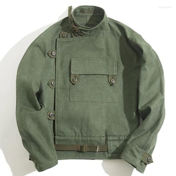 Herren Daunenparkas Maden Army Green Retro Jacke Misplaced Oblique Buckle Swedish Motorcycle AMEKAJI Cotton Washed XXXL Guin22