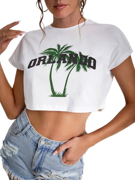 

coconut tree and letter graphic tee c7tp#, White