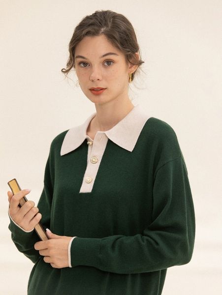 

simple retro selena polo contrast collar 100% wool knit sweater v6ll#, White;black