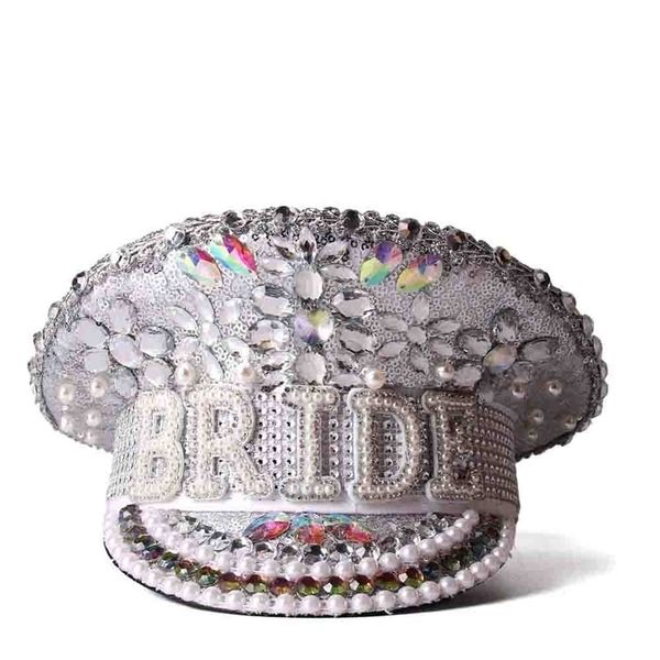 

women sequin burning military hat handmade luxury silver captain sergeant hat bride festival part hat 220511, Blue;gray