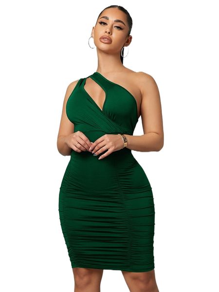 

sxy cut out one shoulder ruched bodycon dress 08ni#, Black;gray