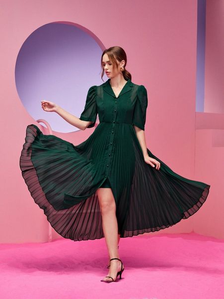 

x ricaci puff sleeve pleated hem single breasted shirt dress o5g2#, Black;gray