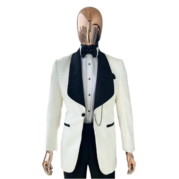 Erkek Suit Blazers Erkekler Ceket İnce Fit 2 Parçası/Beyaz Jakard Blazer, Düğün Damat Adam Resmi Klas Giysiler İçin Siyah Pantolonlu