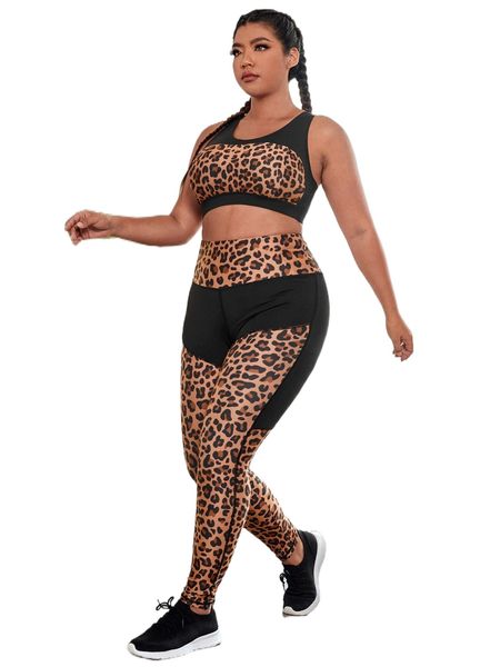 

plus leopard print crisscross back sports set o77c#, Black