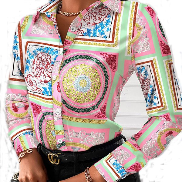 

amazon ladies loose long sleeve button up women blouse shirts fashion chain printed designer plus size women's blouses top, White