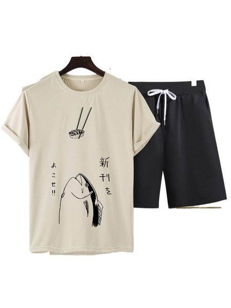 

men fish & japanese letter graphic tee & shorts i3yf#, Gray